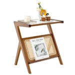 Boho Style End Table with Rattan Shelf and Glass Top