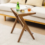 Boho Style End Table with Rattan Shelf and Glass Top