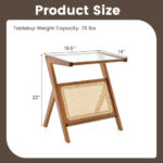 Boho Style End Table with Rattan Shelf and Glass Top