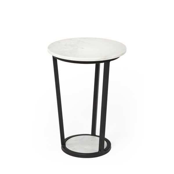 Bombola I Small 15L x 15W White Round Marble Top WBlack Metal Frame Accent Table