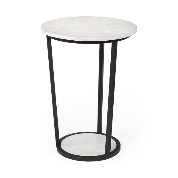 Bombola II Large 18L x 18W White Round Marble Top WBlack Metal Frame Accent Table