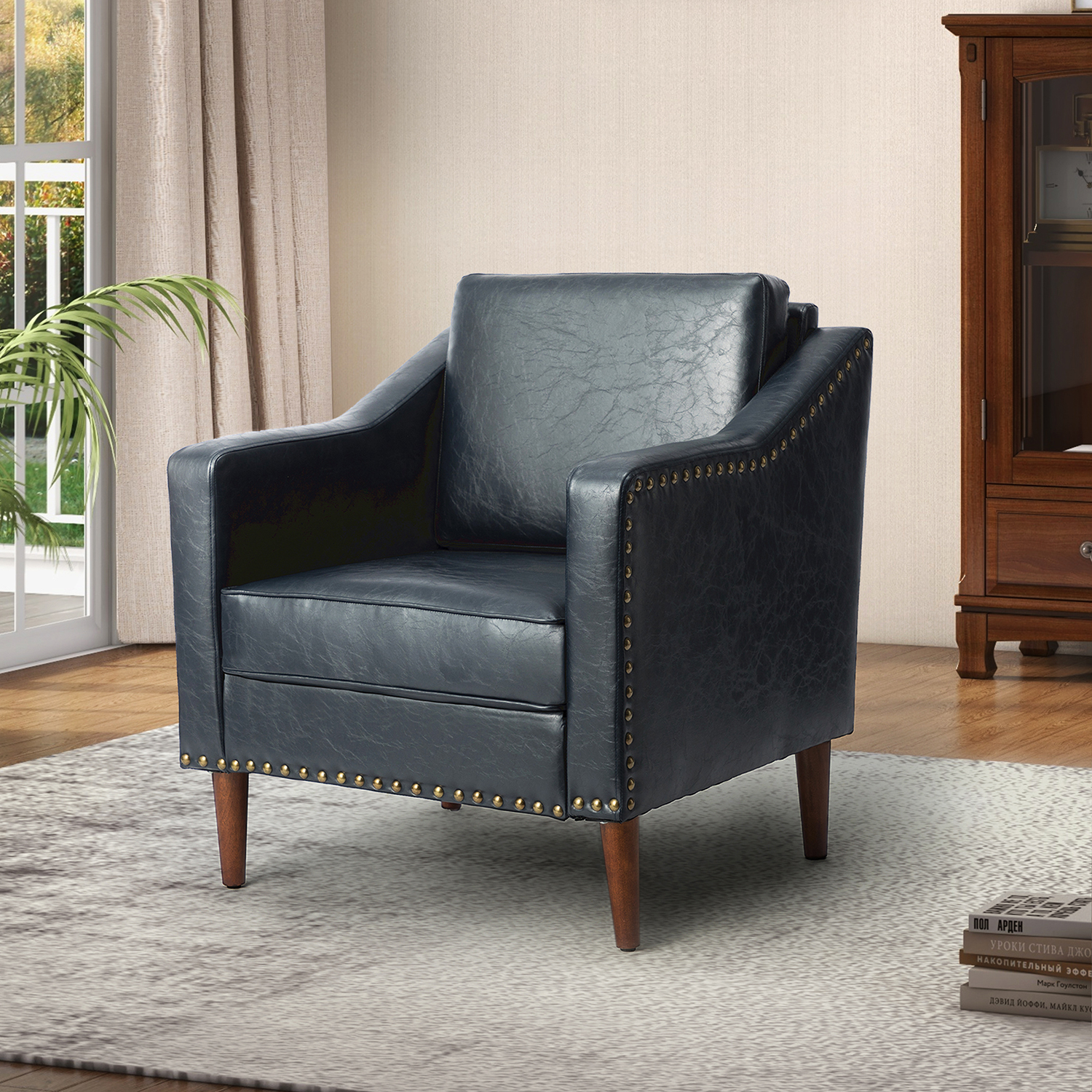 Bonita Navy Vegan Leather Nailhead Trim Armchair 1 Bonita Navy Vegan Leather Nailhead Trim Armchair