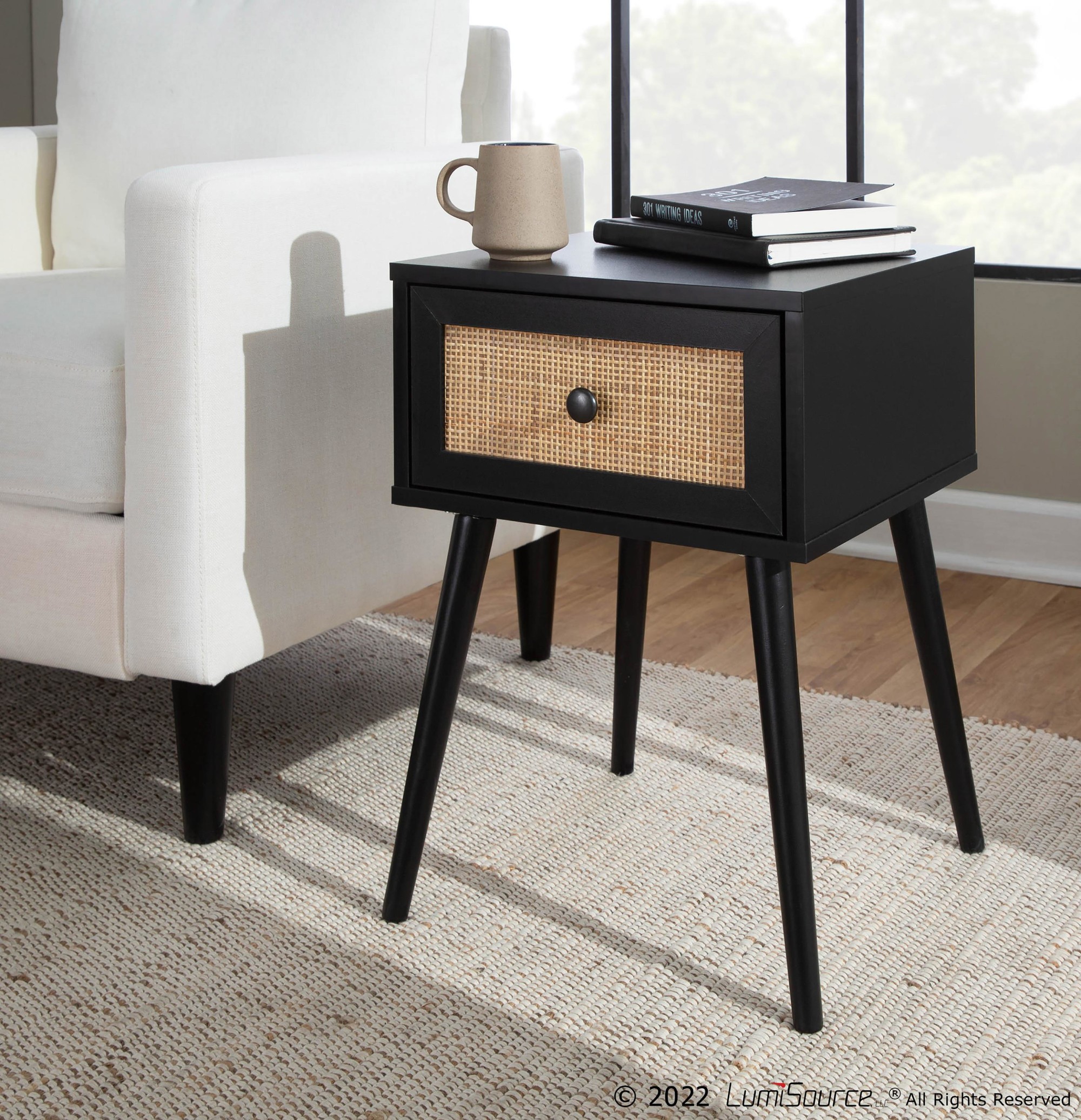 Bora Bora Black Wood Contemporary Side Table with Rattan Drawer 2 Bora Bora Black Wood Contemporary Side Table with Rattan Drawer - Image 2