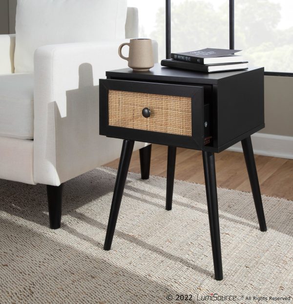 Bora Bora Black Wood Contemporary Side Table with Rattan Drawer