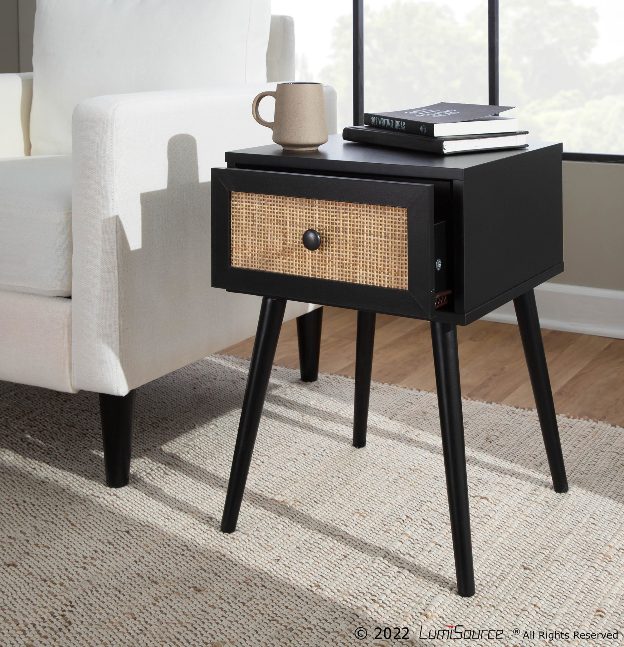 Bora Bora Black Wood Contemporary Side Table with Rattan Drawer 1 Bora Bora Black Wood Contemporary Side Table with Rattan Drawer