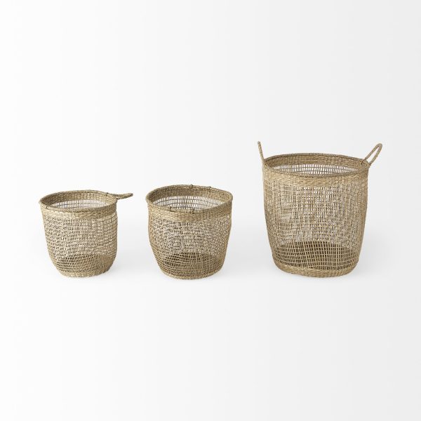 Bowie 19.7L x 19.7W x 19.7H Set of 3 Medium Brown Seagrass Round Basket W Handles 1