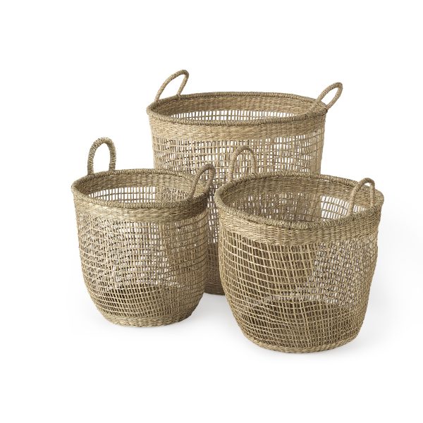 Bowie 19.7L x 19.7W x 19.7H Set of 3 Medium Brown Seagrass Round Basket W Handles