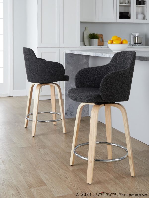 Boyne 24 Contemporary Dark Grey Swivel Counter Stools w Chrome Metal Footrest Set of 2