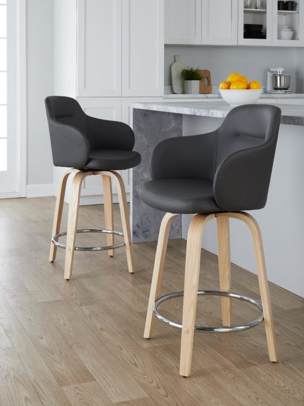 Boyne 24 Contemporary Grey Faux Leather Swivel Stools Set of 2 1