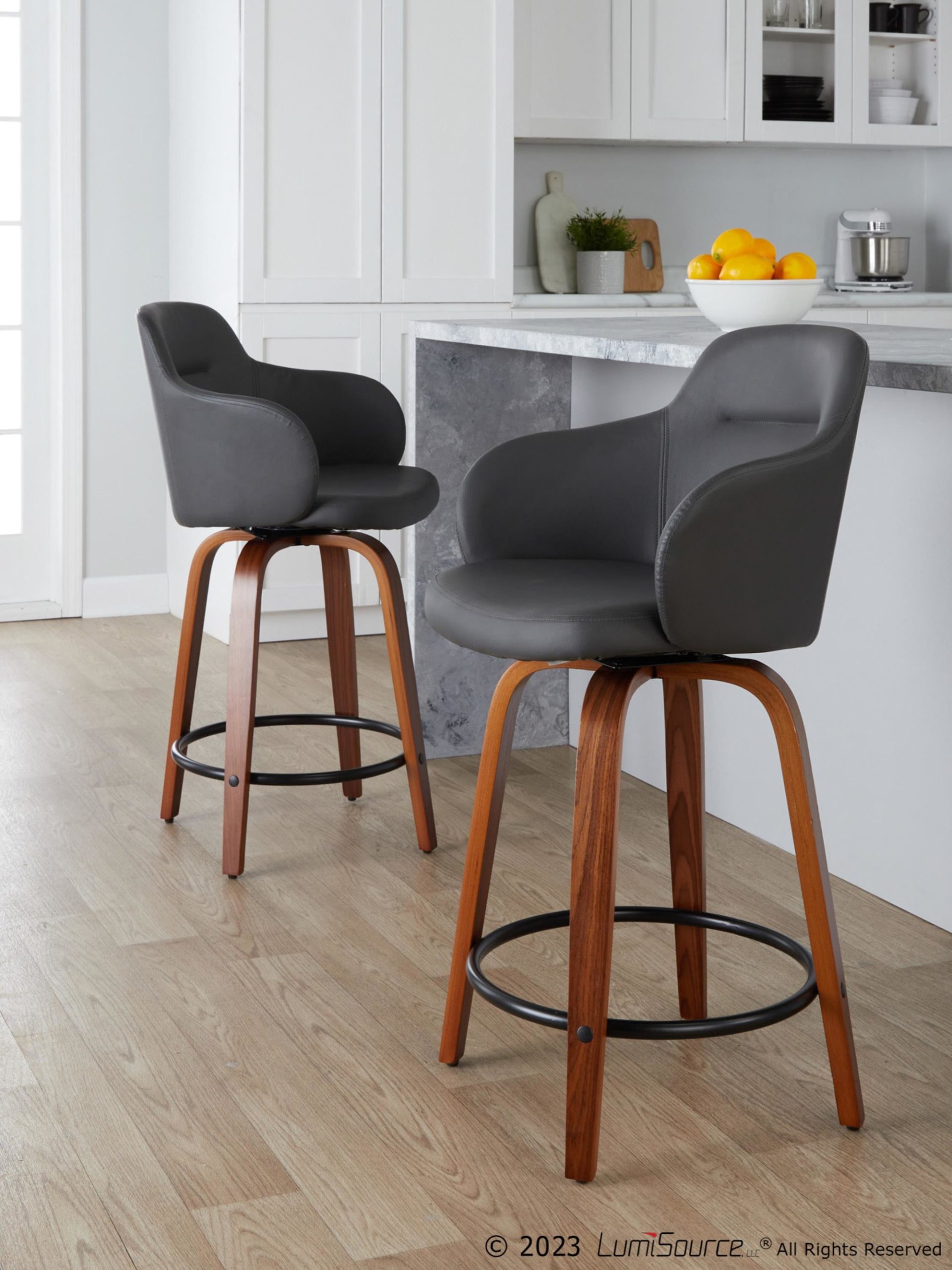 Boyne 24 Grey Faux Leather Contemporary Swivel Stools (Set of 2) 2 Boyne 24 Grey Faux Leather Contemporary Swivel Stools (Set of 2) - Image 2