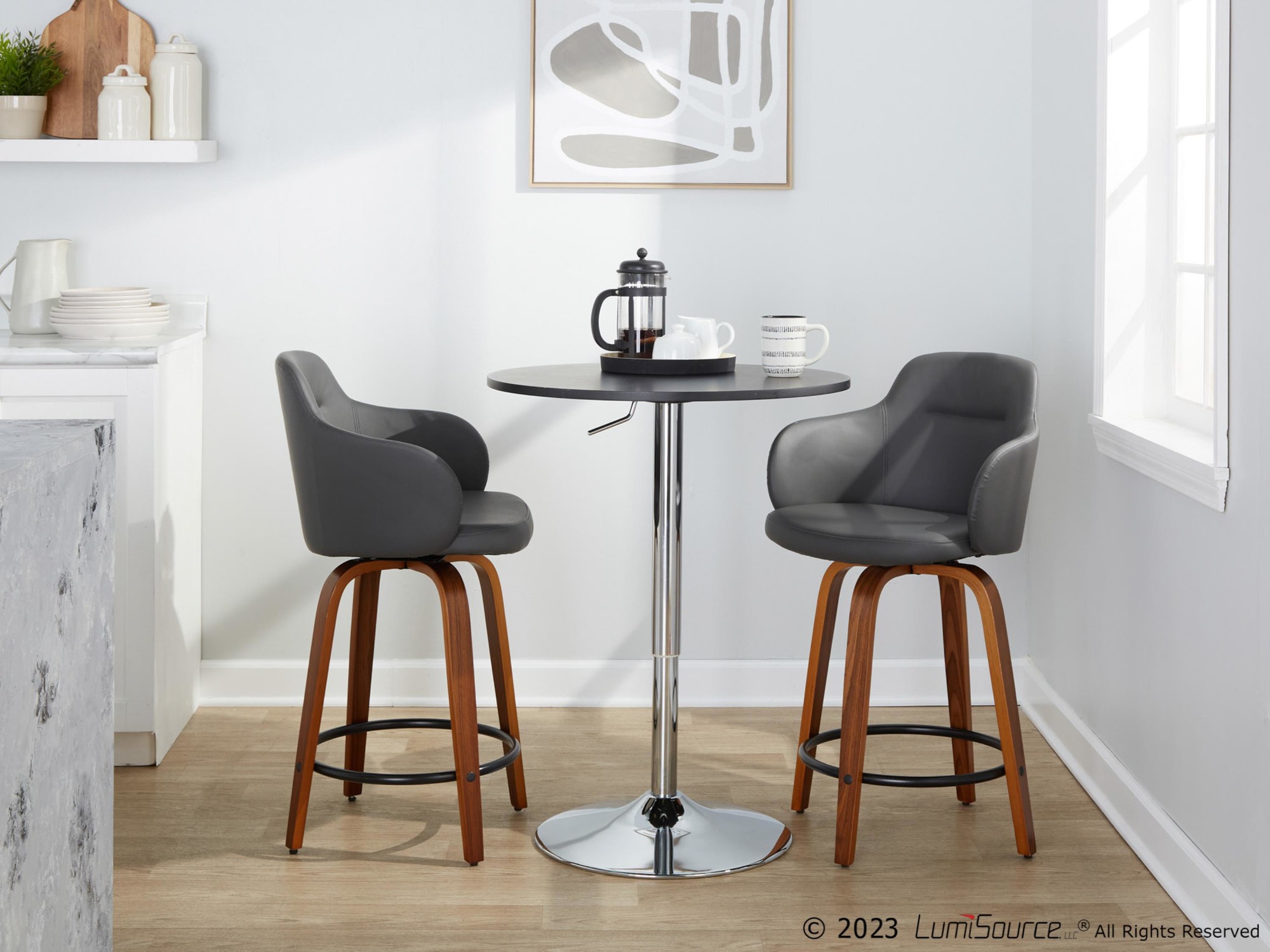 Boyne 24 Grey Faux Leather Contemporary Swivel Stools (Set of 2) 4 Boyne 24 Grey Faux Leather Contemporary Swivel Stools (Set of 2) - Image 4