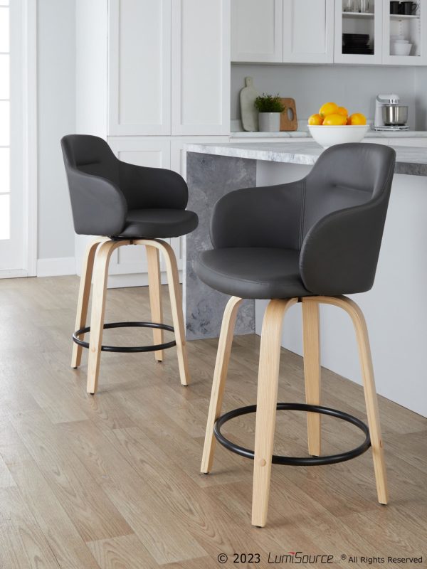 Boyne 24 Grey Faux Leather Contemporary Swivel Stools w Black Metal Footrest Set of 2 1