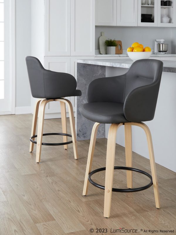 Boyne 24 Grey Faux Leather Contemporary Swivel Stools w Black Metal Footrest Set of 2