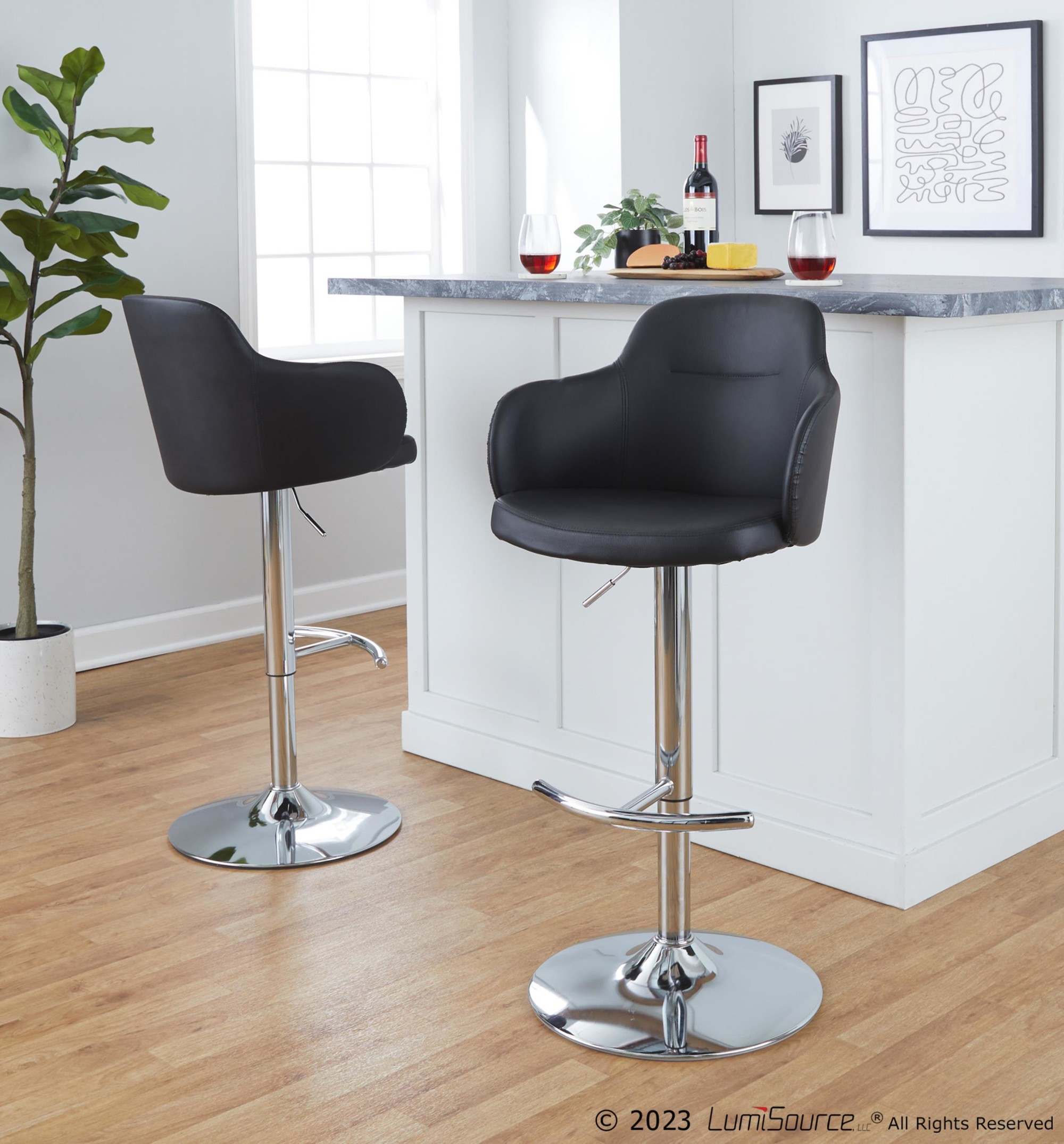 Boyne Black Faux Leather Chrome Contemporary Barstools (Set of 2) 2 Boyne Black Faux Leather Chrome Contemporary Barstools (Set of 2) - Image 2