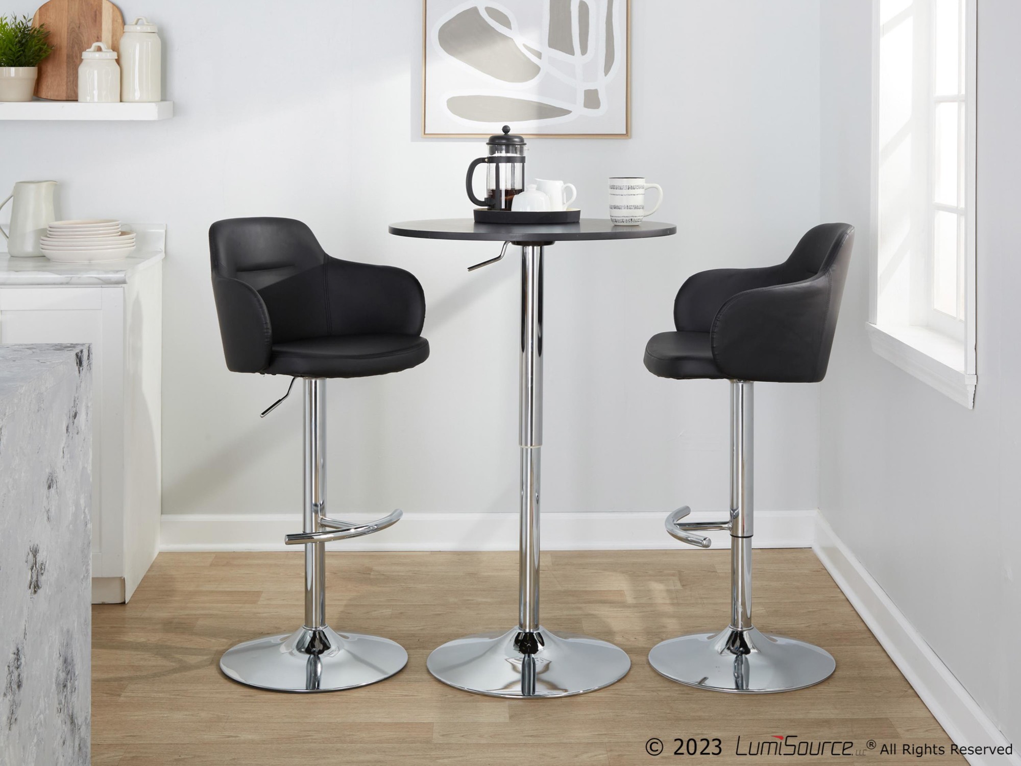 Boyne Black Faux Leather Chrome Contemporary Barstools (Set of 2) 3 Boyne Black Faux Leather Chrome Contemporary Barstools (Set of 2) - Image 3