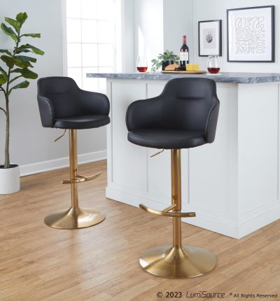 Boyne Black Faux Leather Gold Contemporary Adjustable Barstools (Set of 2)