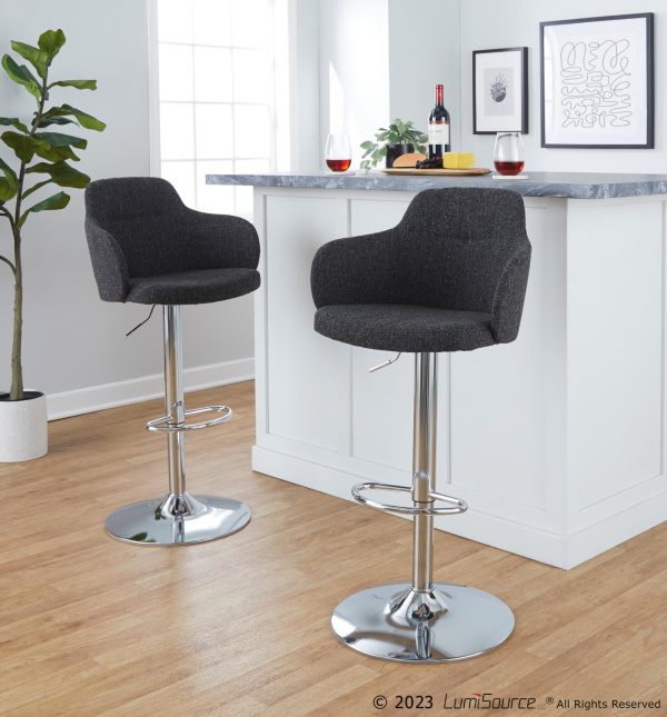 Boyne Dark Grey Fabric Chrome Contemporary Adjustable Barstools Set of 2 1