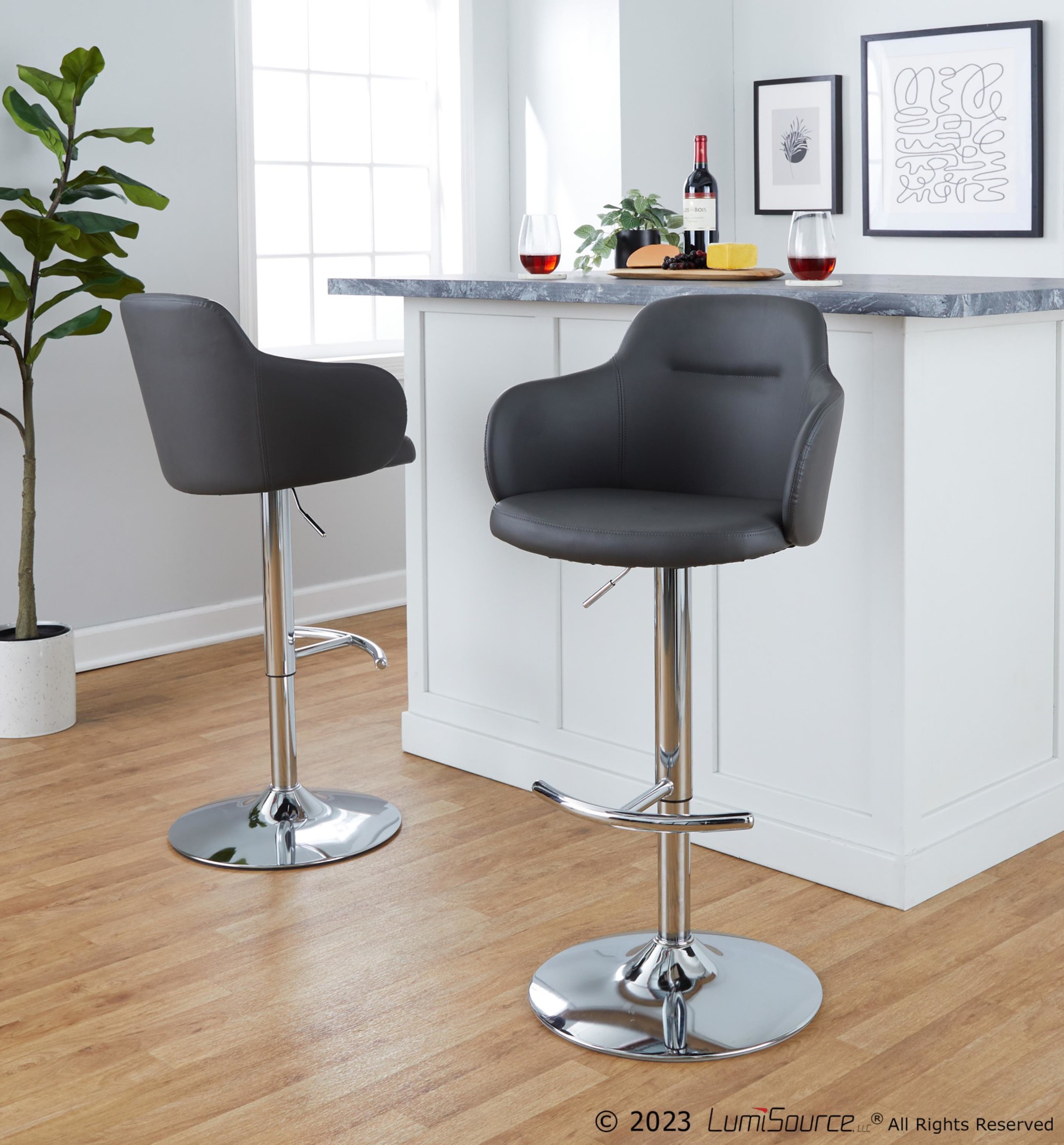 Boyne Grey Faux Leather Chrome Contemporary Adjustable Barstools (Set of 2) 2 Boyne Grey Faux Leather Chrome Contemporary Adjustable Barstools (Set of 2) - Image 2