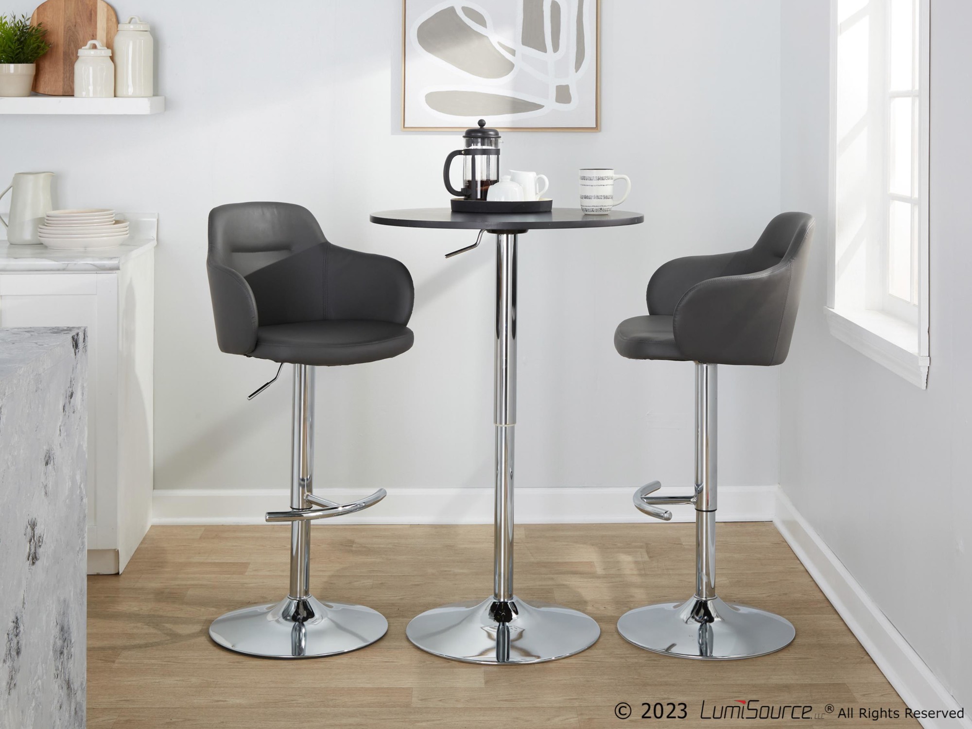 Boyne Grey Faux Leather Chrome Contemporary Adjustable Barstools (Set of 2) 3 Boyne Grey Faux Leather Chrome Contemporary Adjustable Barstools (Set of 2) - Image 3
