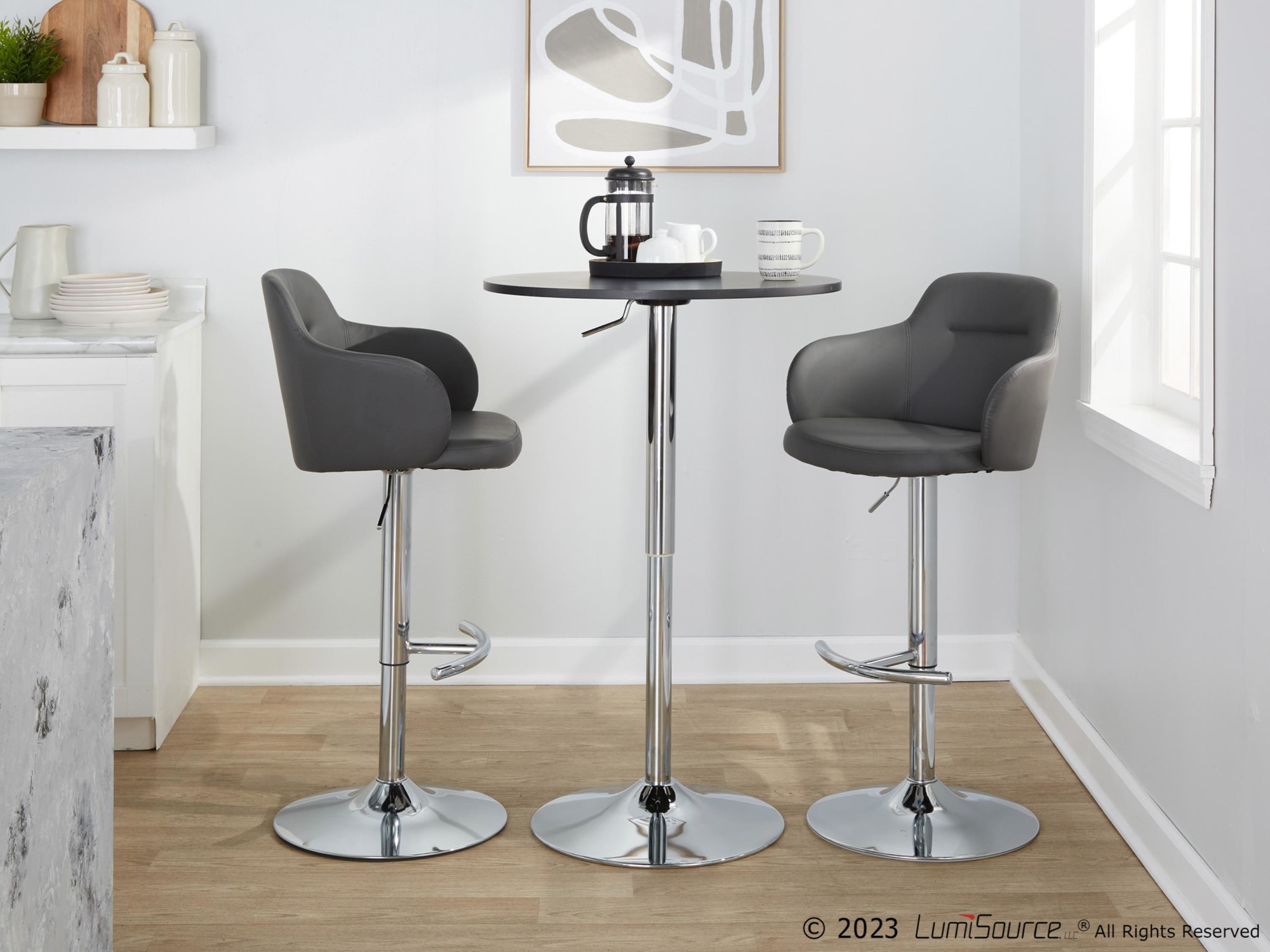 Boyne Grey Faux Leather Chrome Contemporary Adjustable Barstools (Set of 2) 4 Boyne Grey Faux Leather Chrome Contemporary Adjustable Barstools (Set of 2) - Image 4