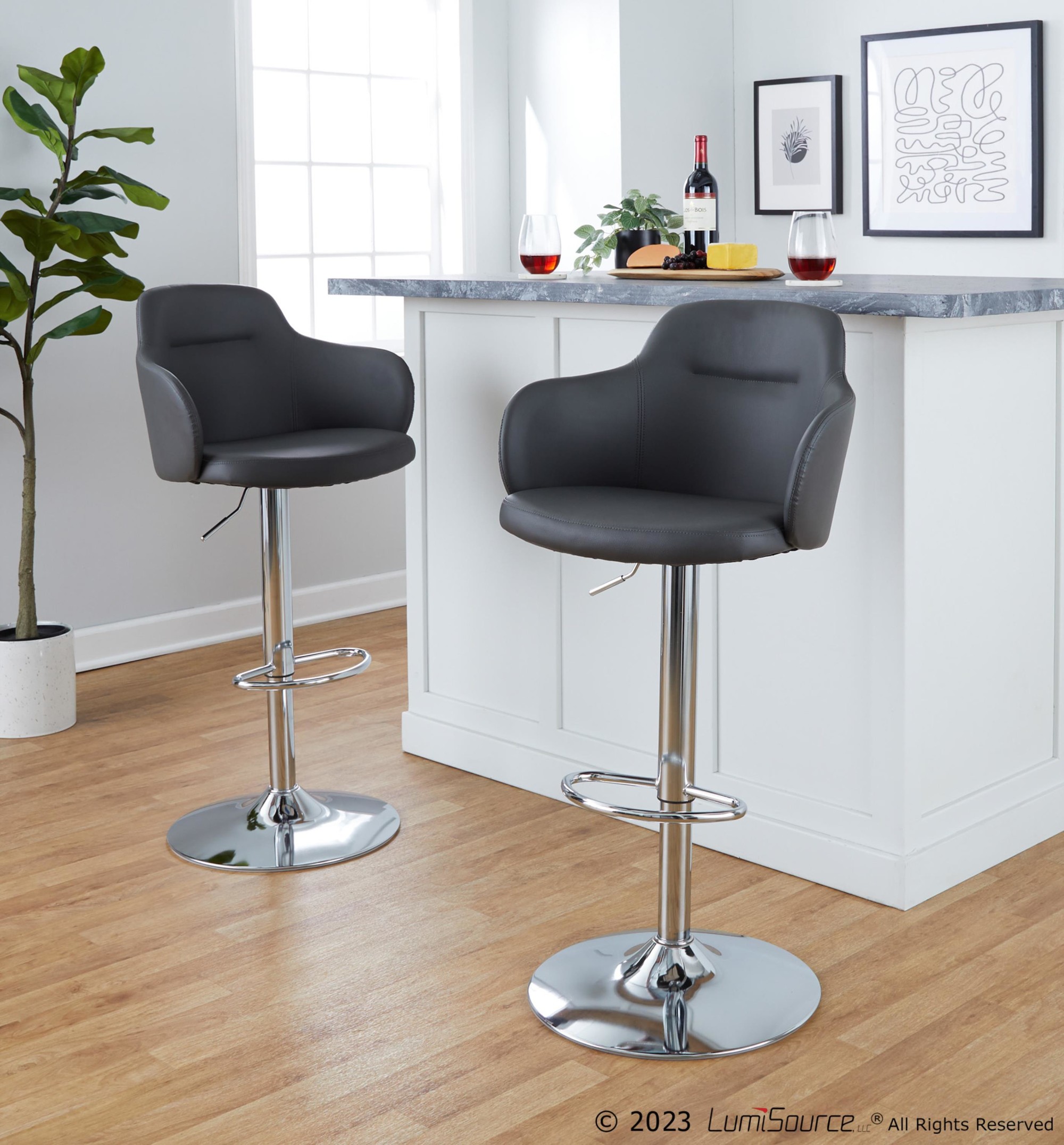 Boyne Grey Faux Leather Chrome Swivel Barstools (Set of 2) 3 Boyne Grey Faux Leather Chrome Swivel Barstools (Set of 2) - Image 3