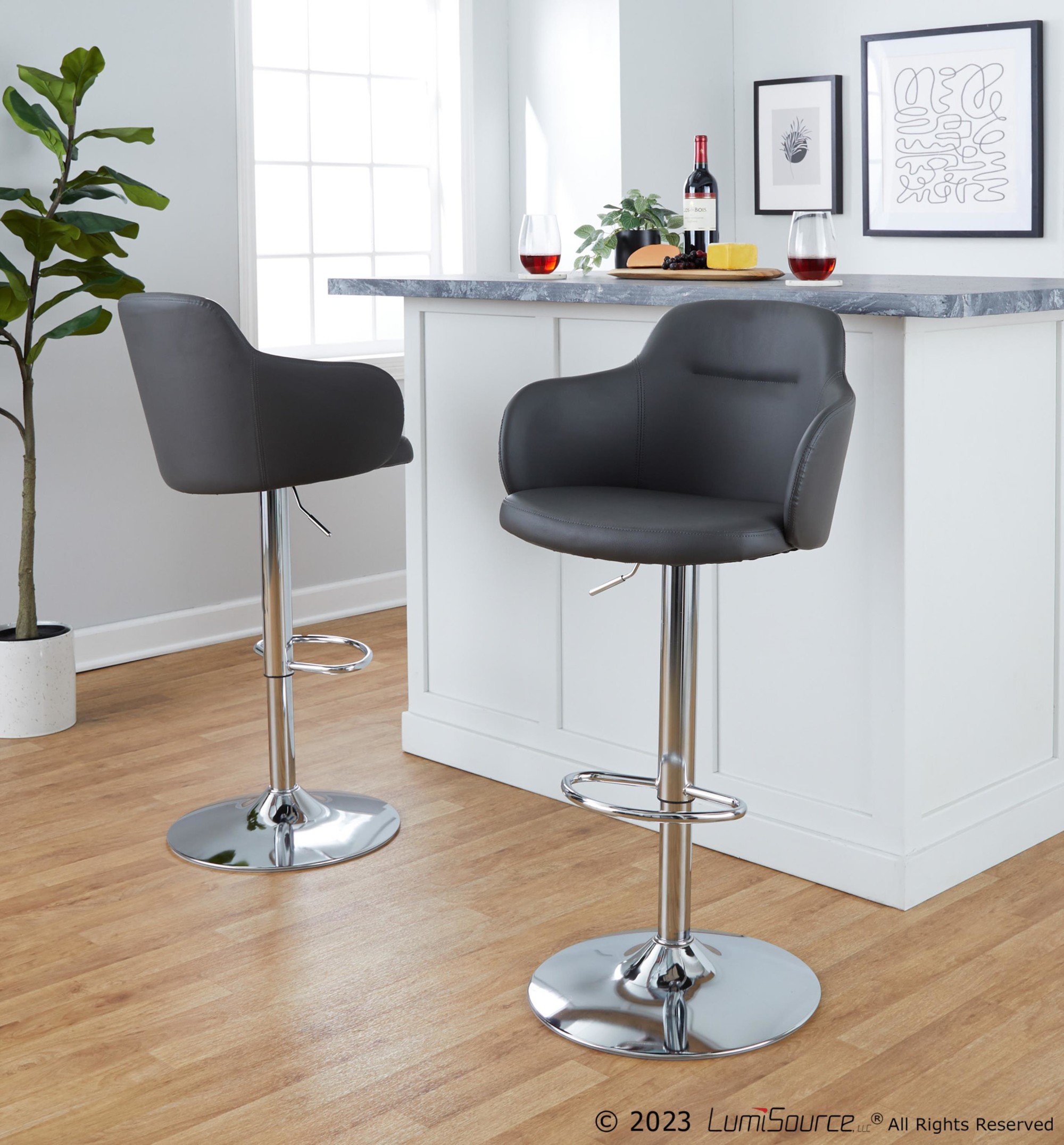 Boyne Grey Faux Leather Chrome Swivel Barstools (Set of 2) 4 Boyne Grey Faux Leather Chrome Swivel Barstools (Set of 2) - Image 4
