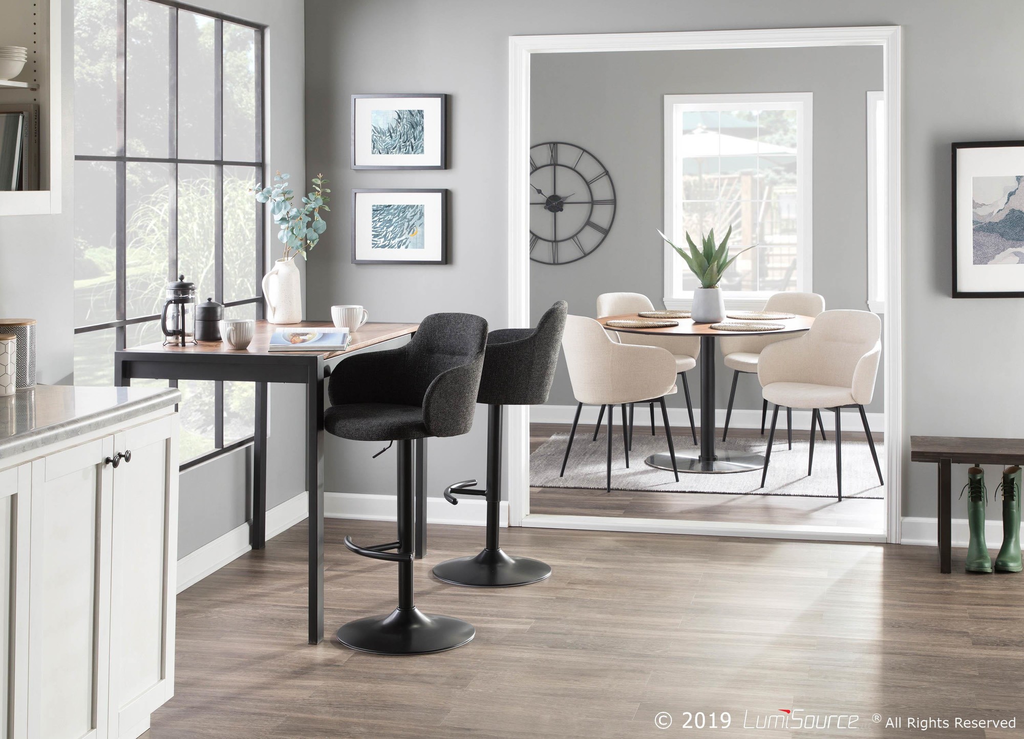 Boyne Industrial Adjustable Black Metal and Grey Fabric Barstool 1 Boyne Industrial Adjustable Black Metal and Grey Fabric Barstool