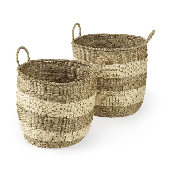 Bradley 18.1L x 18.1W x 16.0H Set of 2 Light Brown WStriped Seagrass Basket W Handles