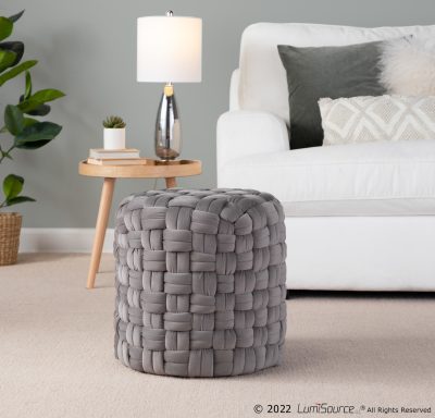 Braided 16-Inch Dark Grey Velvet Contemporary Round Ottoman