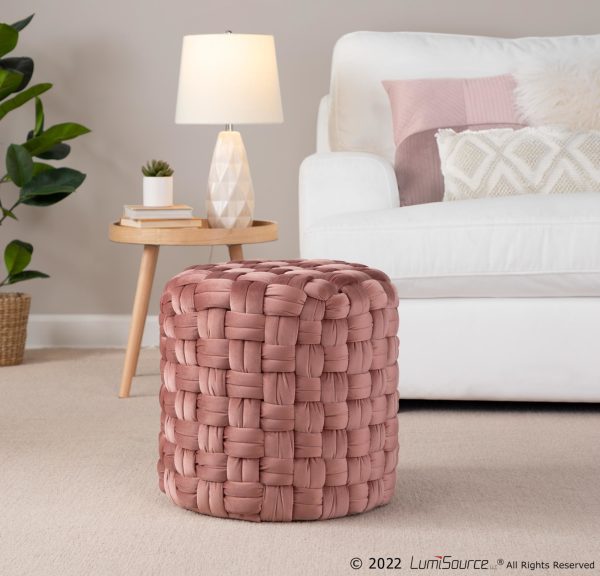 Braided 16 Inch Round Blush Pink Velvet Contemporary Ottoman
