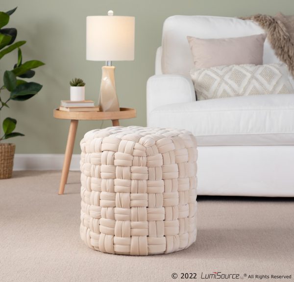 Braided 16 Inch Round Cream Velvet Contemporary Ottoman