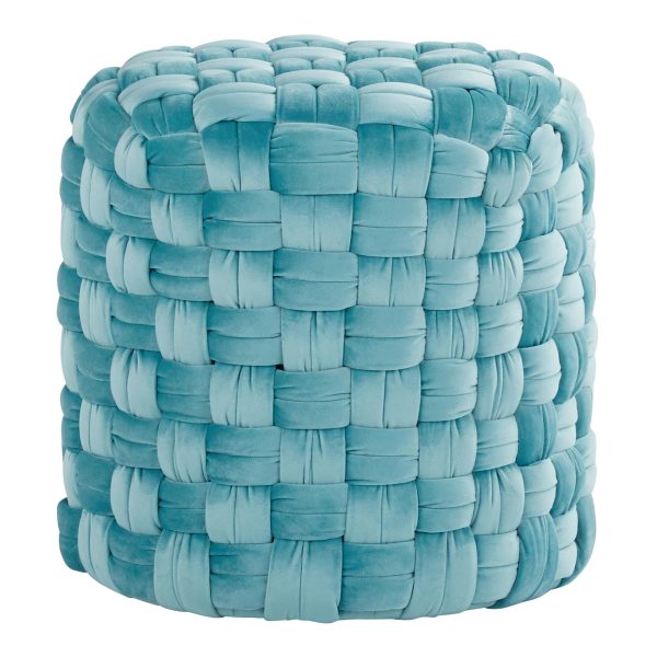 Braided 16 Inch Round Ice Blue Velvet Contemporary Ottoman 1