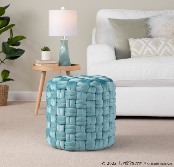 Braided 16 Inch Round Ice Blue Velvet Contemporary Ottoman