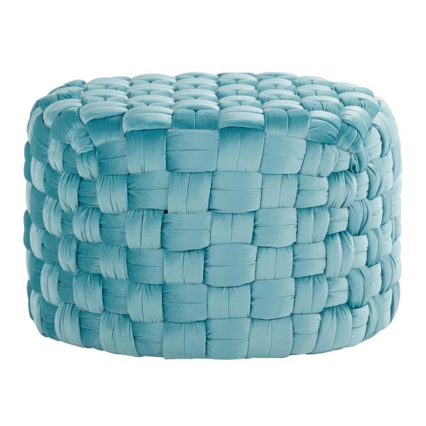 Braided 24 Ice Blue Velvet Contemporary Round Ottoman 1