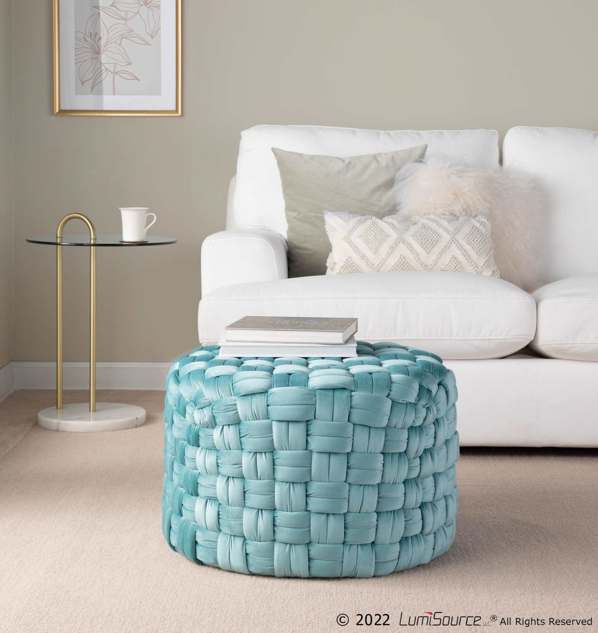Braided 24 Ice Blue Velvet Contemporary Round Ottoman 1 Braided 24 Ice Blue Velvet Contemporary Round Ottoman