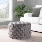 Braided 24-Inch Dark Grey Velvet Round Contemporary Ottoman