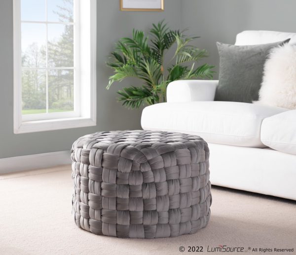 Braided 24 Inch Dark Grey Velvet Round Contemporary Ottoman 1
