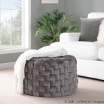 Braided 24-Inch Dark Grey Velvet Round Contemporary Ottoman