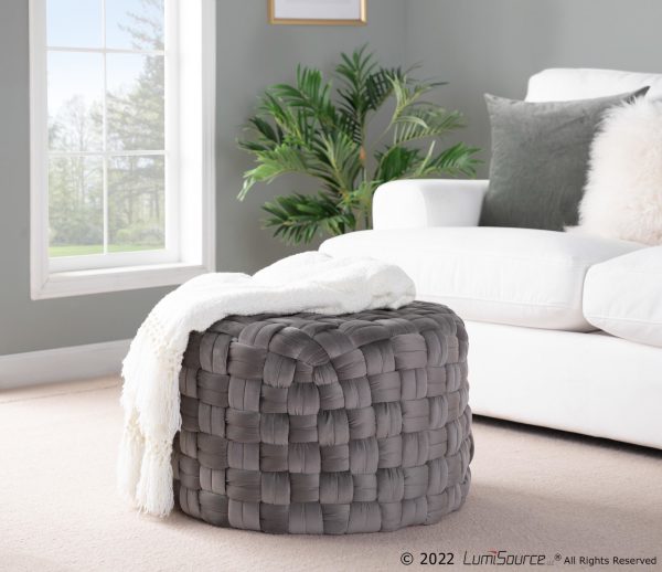 Braided 24 Inch Dark Grey Velvet Round Contemporary Ottoman 2