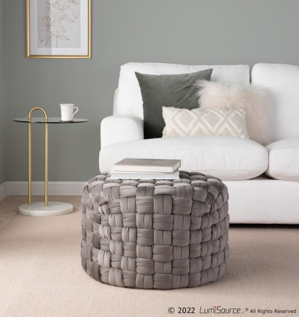 Braided 24 Inch Dark Grey Velvet Round Contemporary Ottoman