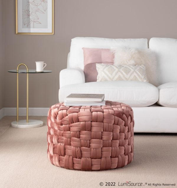 Braided Round 24 Blush Pink Velvet Contemporary Ottoman 2