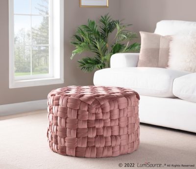 Braided Round 24 Blush Pink Velvet Contemporary Ottoman