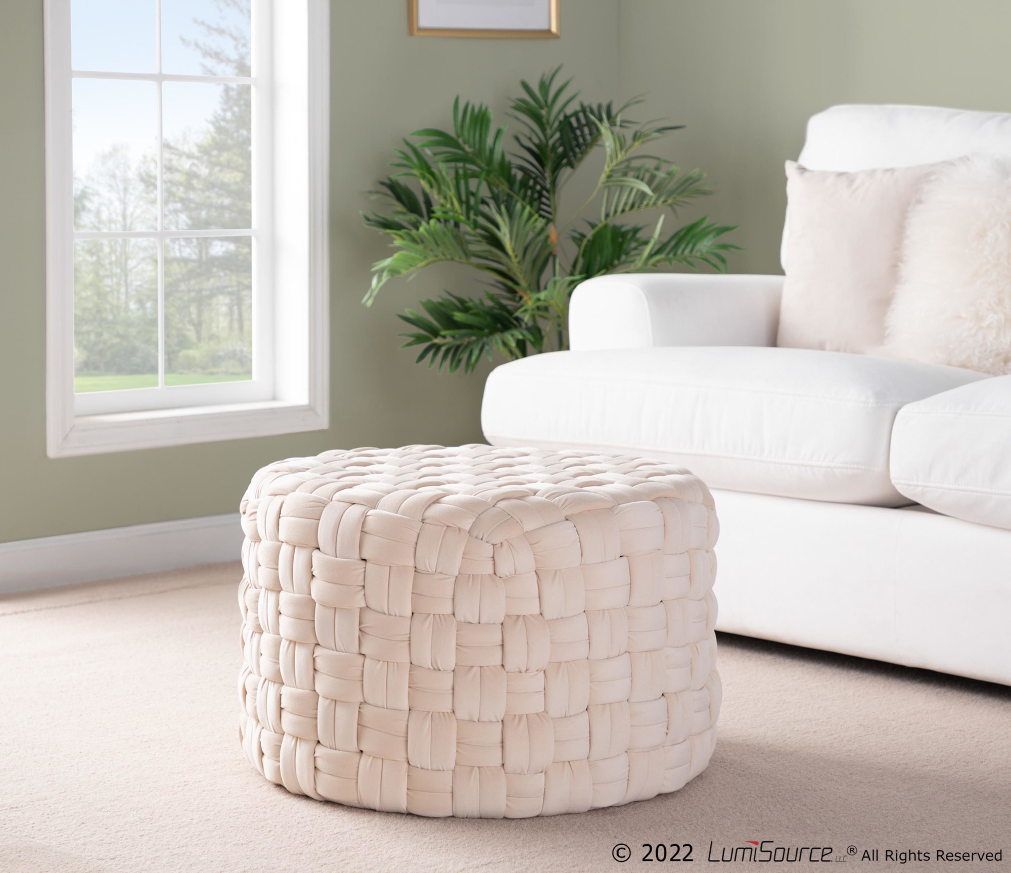 Braided Round 24 Cream Velvet Contemporary Ottoman 2 Braided Round 24 Cream Velvet Contemporary Ottoman - Image 2