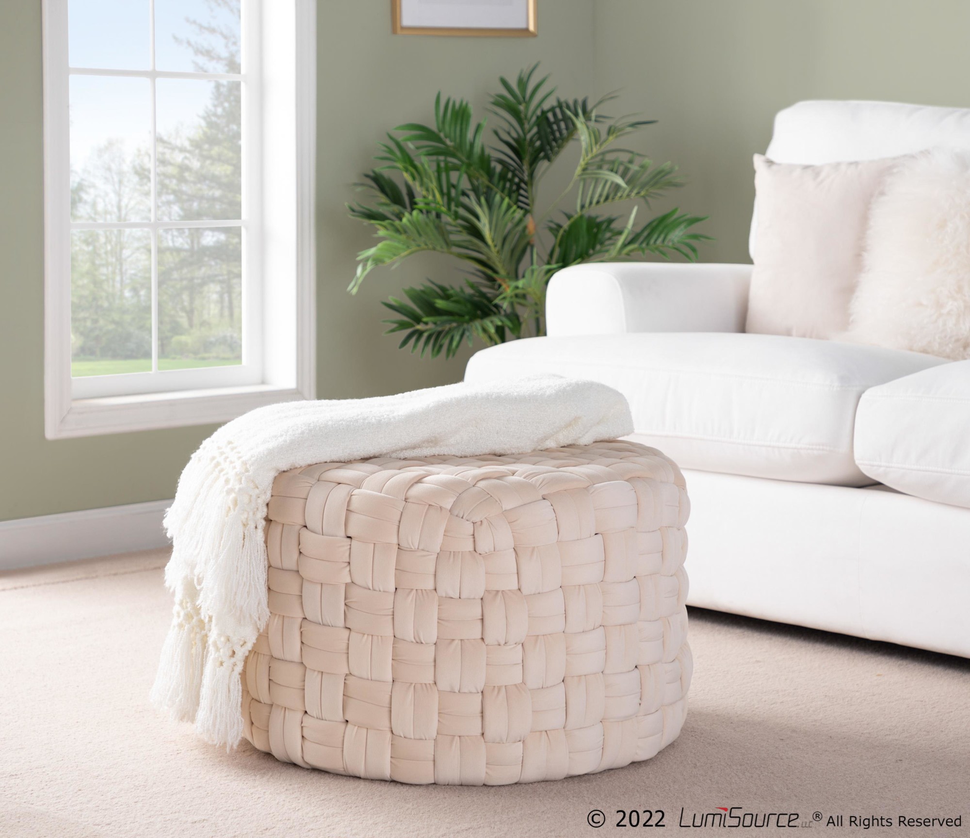 Braided Round 24 Cream Velvet Contemporary Ottoman 3 Braided Round 24 Cream Velvet Contemporary Ottoman - Image 3