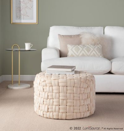 Braided Round 24 Cream Velvet Contemporary Ottoman