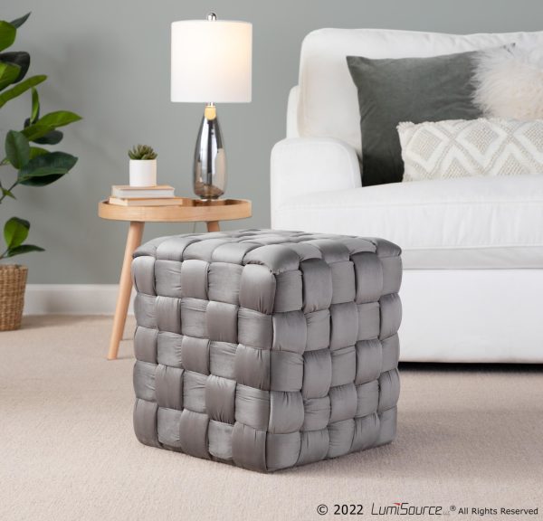 Braided Square 16 Inch Dark Grey Velvet Contemporary Ottoman
