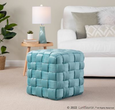 Braided Square 16 Inch Ice Blue Velvet Contemporary Ottoman