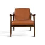 Dark Tan Leather Mid-Century Modern Lounge Chair With Rolled Arms