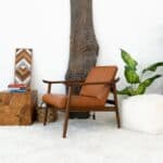 Dark Tan Leather Mid-Century Modern Lounge Chair With Rolled Arms