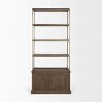Braxton Dark Brown Wood w/ Antiqued Aged Brass Metal 3 Tiers 2 Door Shelving Unit